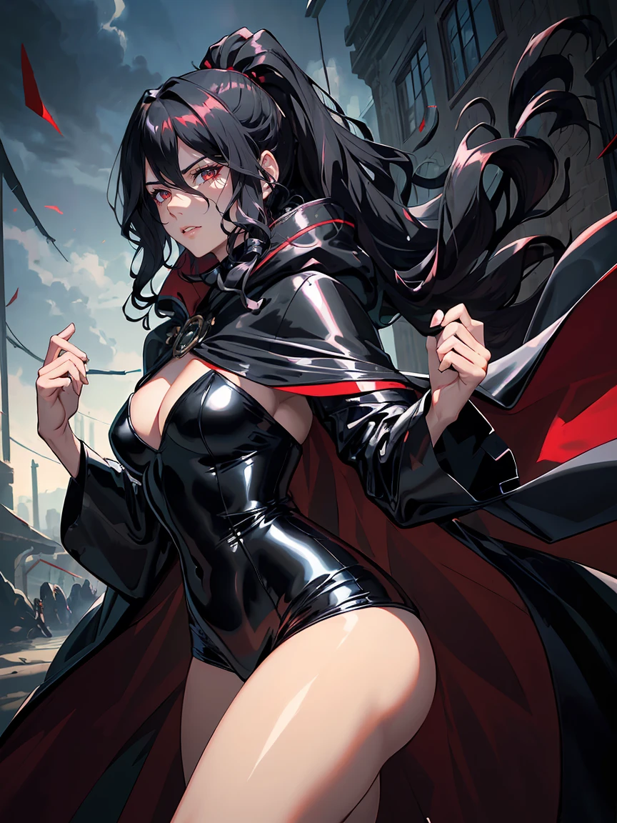 handsome older WOMAN,crimson-eyes,crimson pupils,Long black hair,Hyperresolution,accuracy,Detailed rendering,(Subtle facial image)(Image of fine hair)(topquality)(Masterpieces of masters)(High degree of completeness)(A sense of atmosphere)tmasterpiece,Super detailed and super detailed(portrait), long wavy black hair, (((tHICK WAVY HAIR)))(((ANKLE LENGTH HAIR))) (((Sakimichan))) (((black hair))) (((Latex black fight outfit))) (((Hair in ponytail))) (((skinny))) (((Latex black fight suit)))(((Stoic expression)))(((Black cloak)))