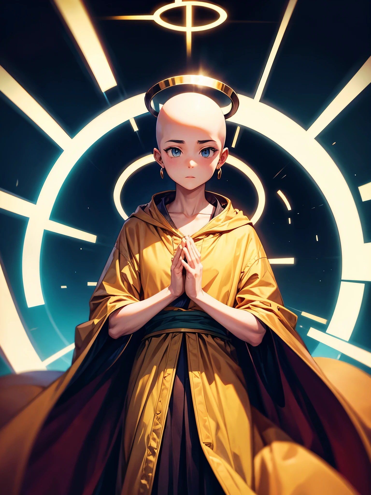 Highest quality,Highest Resolution,A skinhead monk wearing a robe prays with his hands together,Halo,