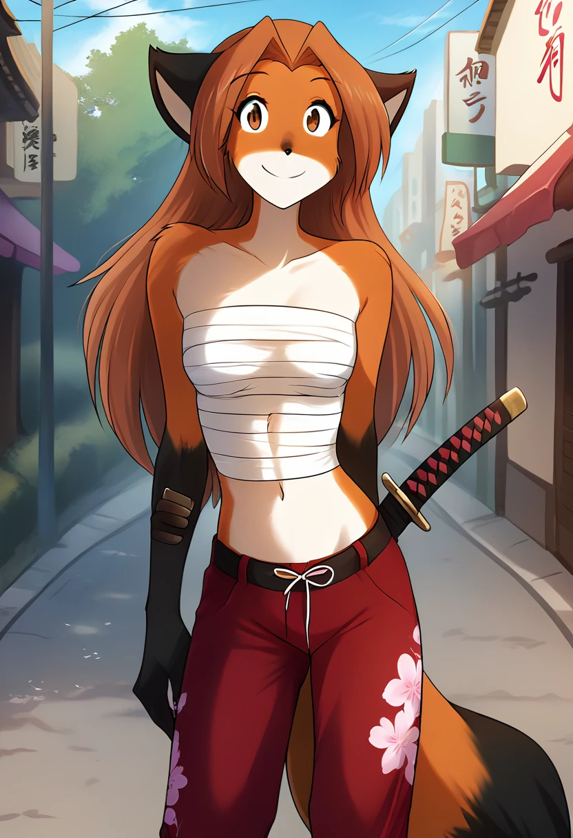 score_9, score_8_up, score_7_up, score_6_up, score_5_up, score_4_up, rating_explicit, source_furry, female, cute anthro female, cute face, detailed background, looking at viewer, solo, solo focus, (digital pen line-art, soft lines, soft shading, pinup, cartoon, anime:1.2), tklaura, keidran, fox, (bandaged breasts:1.2), (red saggy pants:1.2), japan, midriff, smile, katana, street, sakura, small breasts