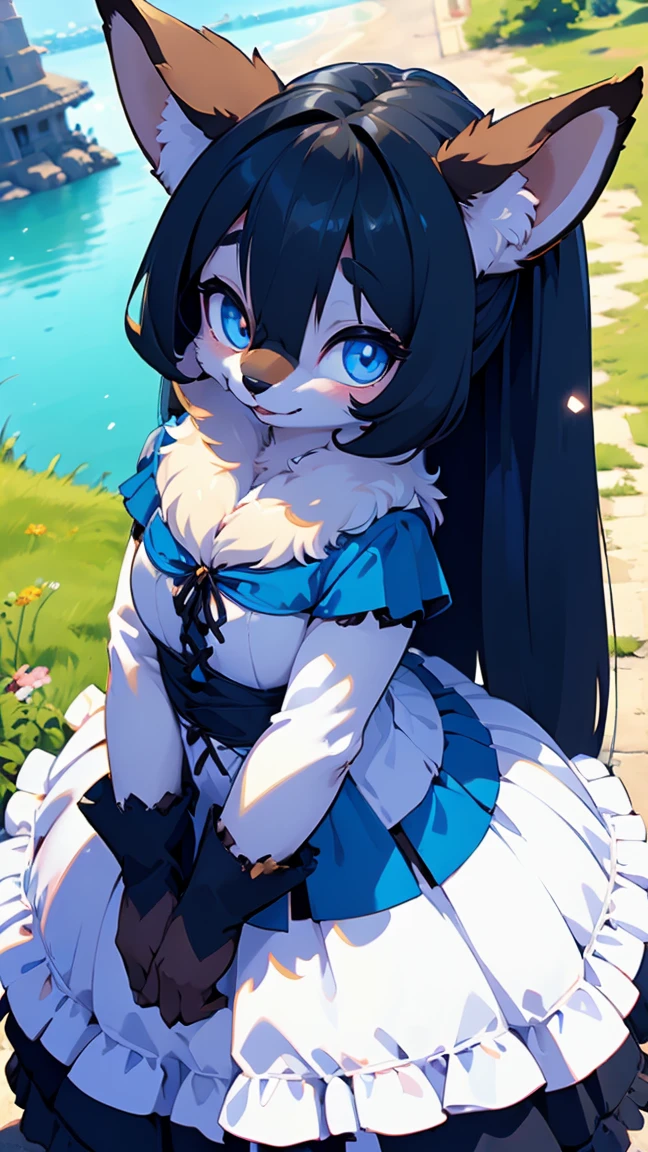 ((Furry ear:1.3)),((Little:2.5)),(White dress and frills:1.5),((very large bust size:1.8)),(Fluffy tail:1.5),(Skirt unfolds:1.5),(Pop Art:1.8),(Chubby:1.5),((looking at the camera:1.5)),(Furry foot:1.5),(Sparkling deep blue big eyes:1.7),(Round eyebrows:1.5),(Fisheye Lens:1.5),(Laughing with your mouth open:1.5),((on a hill overlooking the lake:1.5)),(Wolf's tail),((Long Hair:1.7)),Furry,(Large black ribbon:1.5),(Gorgeous medieval fantasy costume:1.5),(Highest quality,4K,8K,High resolution,masterpiece:1.2), Very detailed, (Realistic,Realistic,Realistic:1.37), High resolution, 超High resolution, studio lightning, ultra-fine goodinting, Sharp focus, Physically based rendering, extrine detail description, Professional, Bright colors, Bokeh, (in) you bring, landscape, photograph, Concept Artist (style), (and) vibrant color goodlette, (good) soft lighting. jewelry