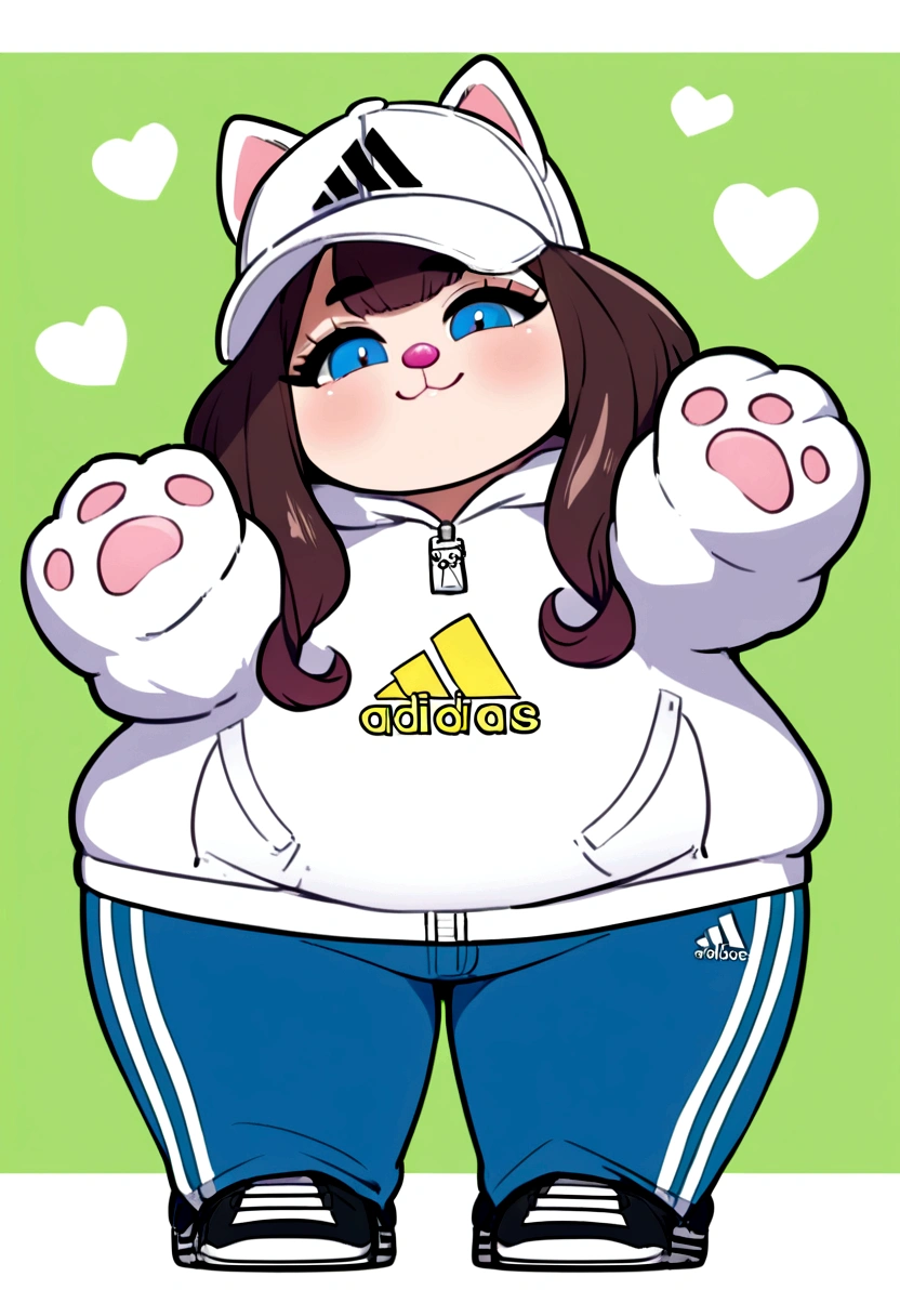 Draw on a green background, one white plump cat, with thick, flat, stuffed fluffy snow-white fur, like a mink,
Blue eyes, with large black eyelashes, like a doll,
Plump cheeks, pink nose and mouth, mouth slightly open, smiling, in Adidas jeans, adidas jacket, adidas baseball cap, sneakers are worn on the paws of the Adidas company