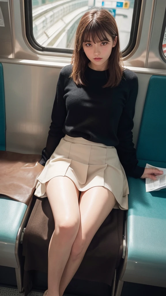 "(Masterpiece, High Definition, Ultra High Definition, 4K) Brown hair, even skirt, emphasizing thighs, white thighs, soft thighs, shiny thighs, sitting on the train, face-to-face angle, (bottom angle), sitting on the train seat, sitting in front, camera zoom in the groin, feet on the train floor, whole body, looking down and sleepy, looking only at the viewer,"  best quality, ultra high definition, (photorealistic: 1.4),, high resolution, detail, raw photo, sharp re, nikon d850 film stock photo by Lee Jefferies 4 kodak portra 400 camera f1.6 lens rich colors hyper realistic animated textures dramatic lighting unreal engine artstation cinestir 800 trends,