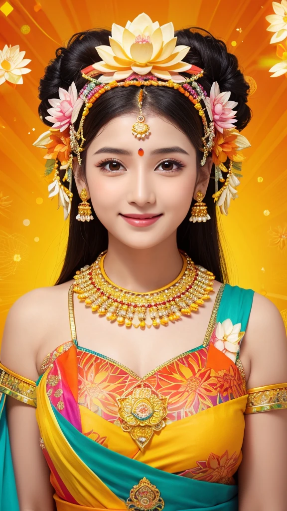 Indian goddess, rainbow dress, orange and yellow background, lotus flower, mysterious, calm expression, smile, sparkling eyes, fair skin, Kansai beauty style