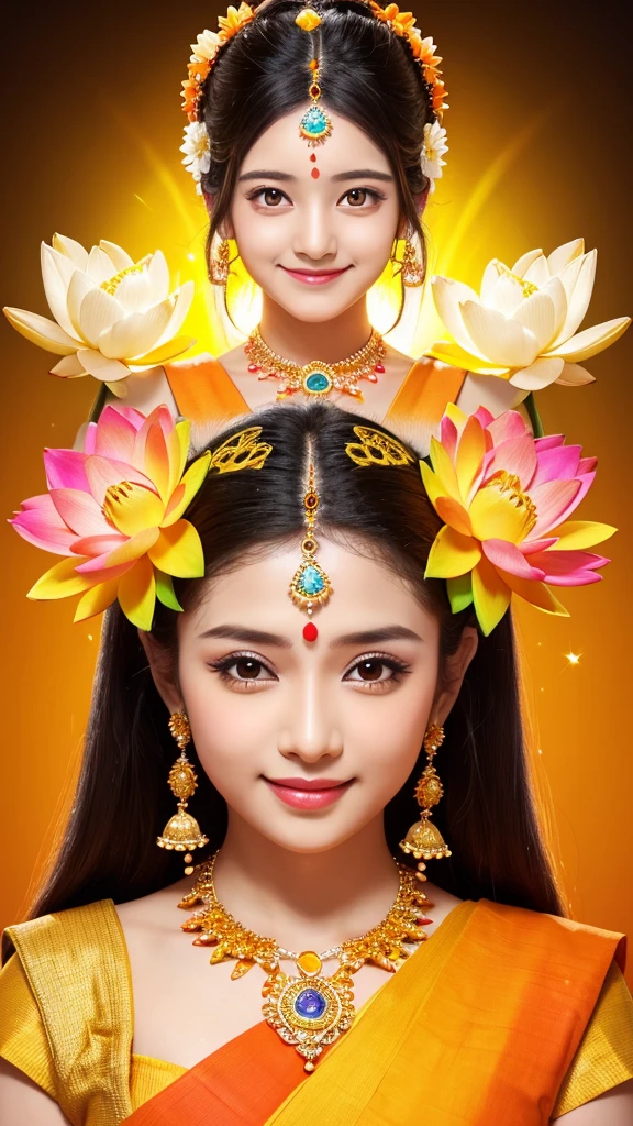 Indian goddess, rainbow dress, orange and yellow background, lotus flower, mysterious, calm expression, smile, sparkling eyes, fair skin, Kansai beauty style