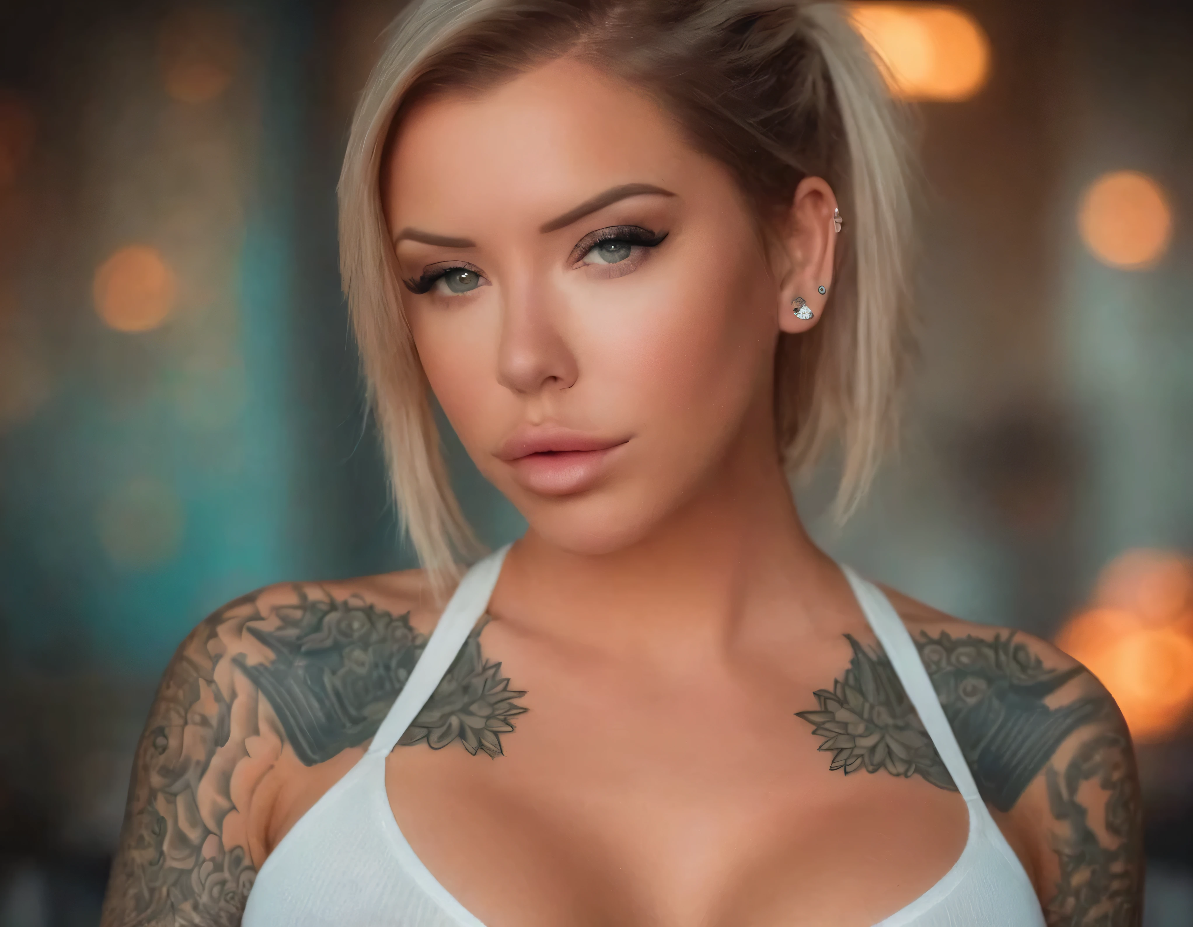 Laurence bedard, beautiful face, perfect face, deliberate, masterpiece, best quality, highest quality, cinematic lighting, very beautiful, ultra realistic, tattoos, tattooed, beautiful