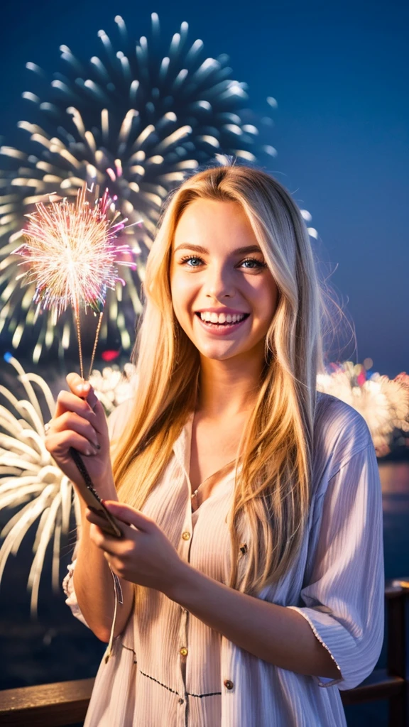 Emily, with her long, blonde hair styled in a casual, tousled look, holding a sparkling firework in her hand with a cheerful expression. Her clear blue eyes and warm, friendly smile reflect her excitement and enjoyment. She is wearing a light, breezy summer outfit suitable for the season, with colorful fireworks illuminating the night sky in the background.