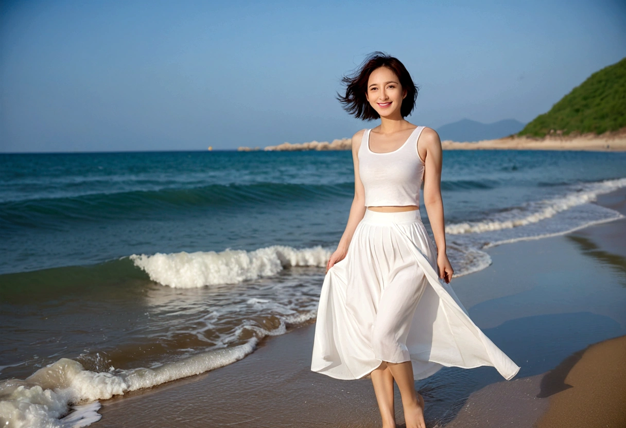 sunset on the beach,바다에 잔광이 비치네sunset on the beach 붉은 태양,A strong lingering scent is reflected in the sea., Beautiful 46-year-old short Korean woman, Chest size 34 inches, Wear sleeveless, white light skirt. beautiful pretty woman look , wearing a light skirt , Go far into the sea water and dip your toes., Short medium hair blowing in the wind, 1 short woman, beautiful eyes, a little smile, Full-body photo taken from afar with a wide-angle lens, The background is clean and perfect., waves moved by the wind, best high definition