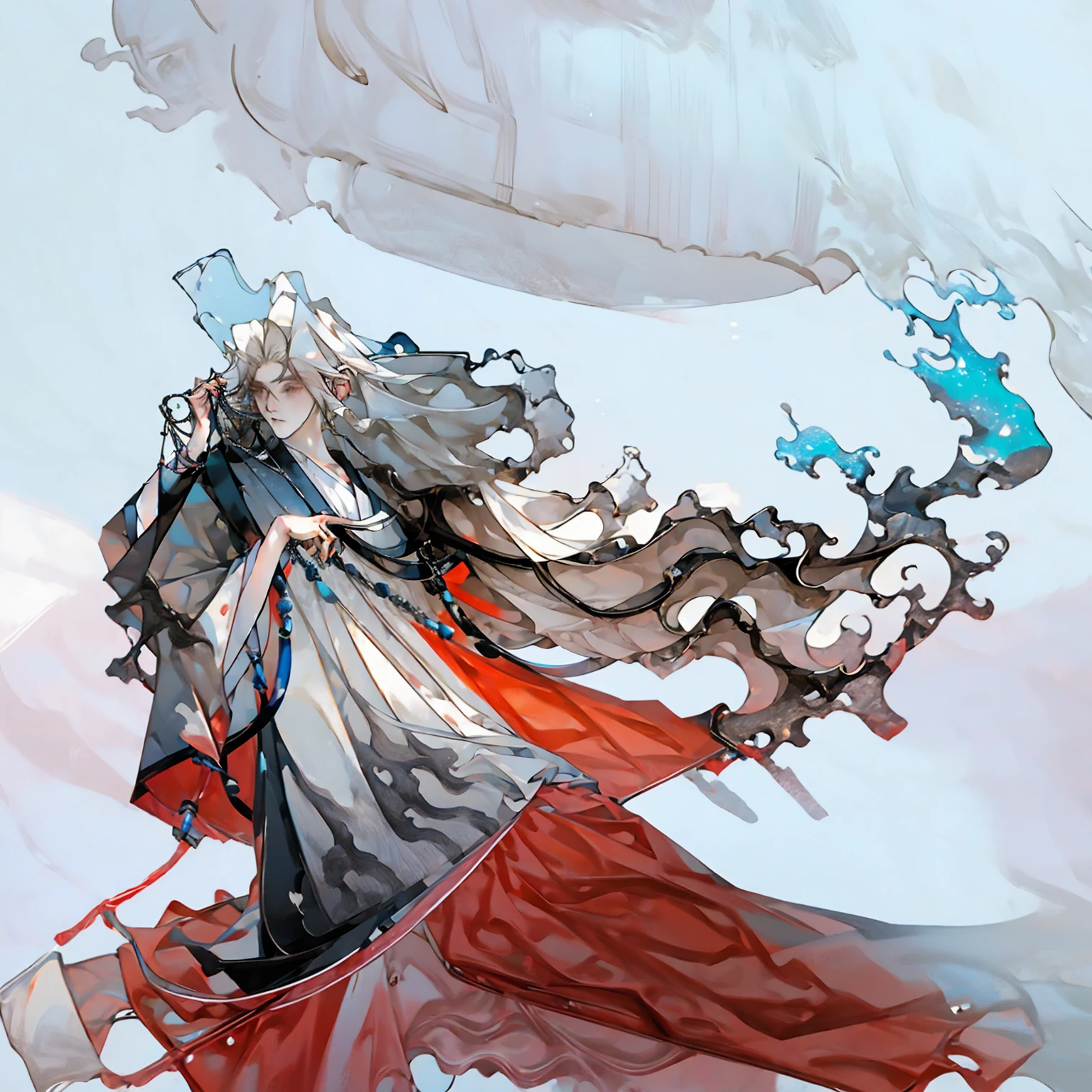 male,male,White Hanfu,Long white hair,Flowing long hair,Wide-sleeved robe,,Solid color clothes,The clothes do not have any patterns,Soft Light,ink,There is a full moon behind,Low saturation,Low contrast,floodlight,Dynamic,Ultra HD