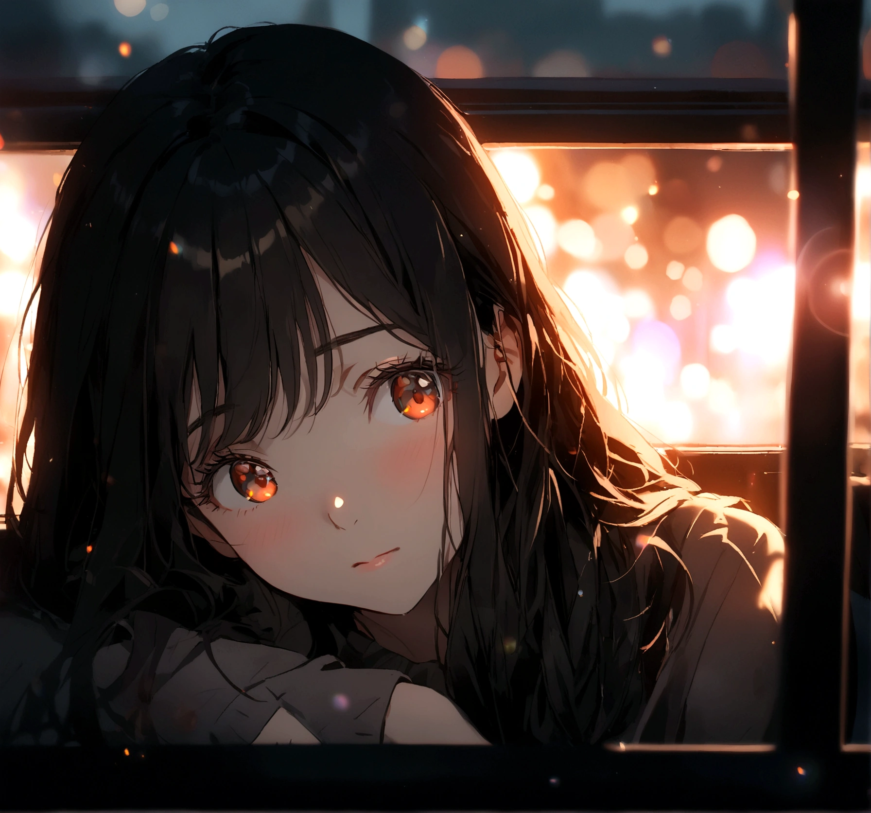 1girl, 30 years old, silky black long hair, amber eyes reflected vivid light, head lean on bus window, (tender lips:0.7), blurry neon street light, (light shine on face), look away, eyelashes highlight, worried expression, extremely close shot, front view, ray tracing, lens flare, (Gaussian blur), depth of field, blurry shading, flat rendering, grain filter, bloom effect, (over exposed:0.6) , masterpiece, absurdity