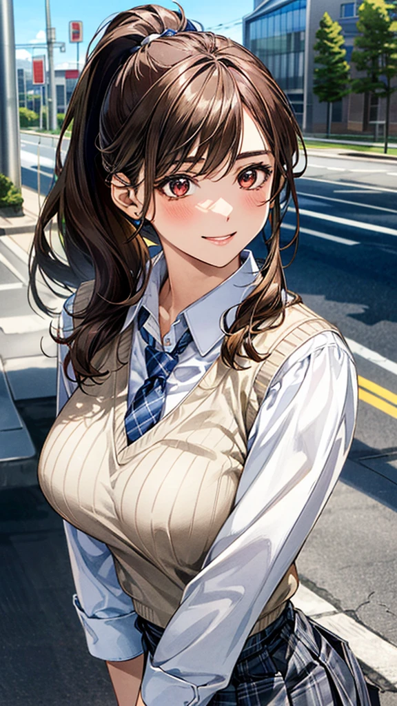 (masterpiece:1.2, highest quality), (realistic, photorealistic:1.4), beautiful illustrations, (natural side lighting, movie lighting), looking at the viewer, cowboy shot, Front view:0.6, 1 girl, Japanese, high school girl, perfect face, Cute symmetrical face, shiny skin, (long hair:1.8, straight hair:1.7, pink brown hair), parted bangs, emerald green eyes, long eyelashes, (big breasts:0.9, thick thighs), beautiful hair, beautiful face, thin and beautiful eyes, beautiful clavicle, beautiful body, beautiful breasts, beautiful thighs, beautiful feet, beautiful fingers, ((white collared shirt, gray pleated mini skirt, dark blue cardigan, black socks, brown loafers, red bow tie)), hoop ring earrings, pink panties, (beautiful scenery), walk, put your hand on your chest, (cute smile, Upper grade),wet crotch, seductive thighs,Pee、Water drips on the thighs、 camel toe, ((animal collar)), ((Pee漏れ:1.9, Poop leakage:1.3)), ((Ahegao, embarrassing, open your mouth a little)), (((walk, Panty Sex Toys), female masturbation