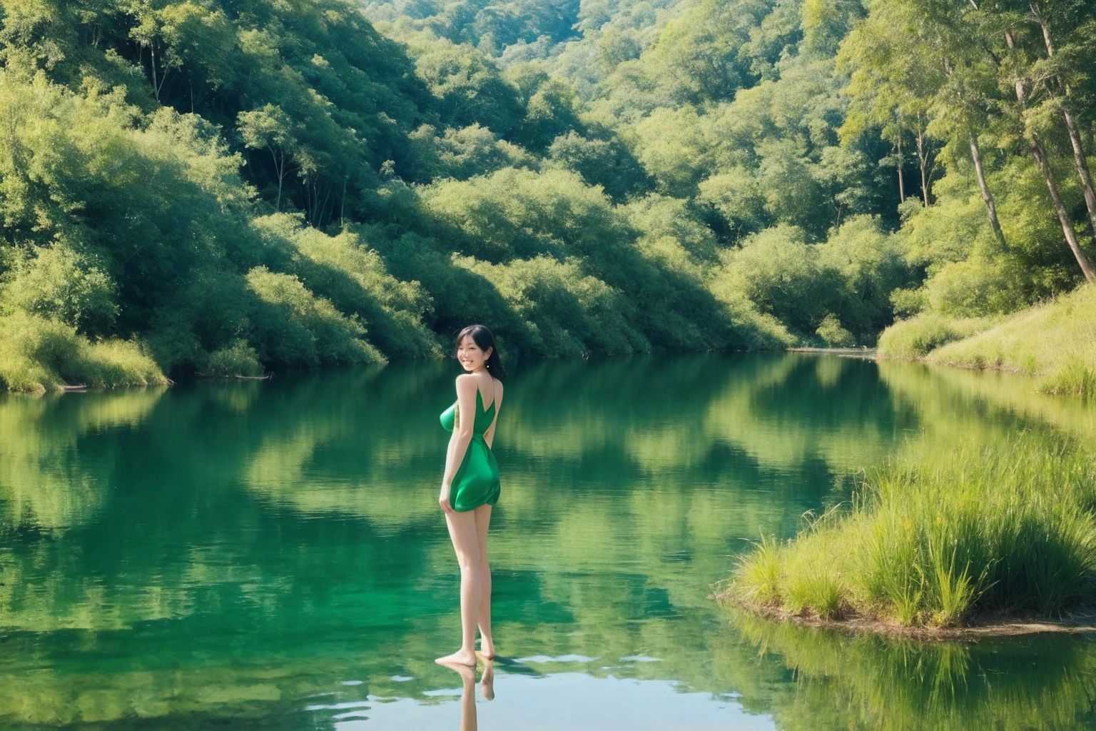 The background is an emerald green lake Photo style Real Beautiful woman's smile