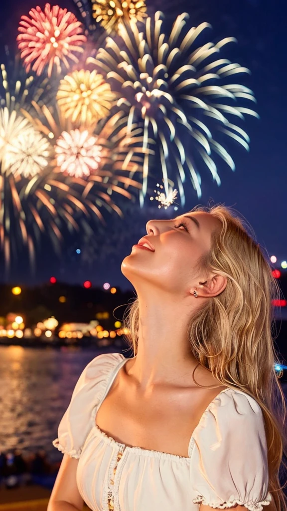 Emily, looking up at the sky, mesmerized by the beautiful fireworks display. Her sun-kissed skin and natural waves in her blonde hair enhance her vibrant appearance. She is dressed in a fashionable summer outfit suitable for the warm weather.