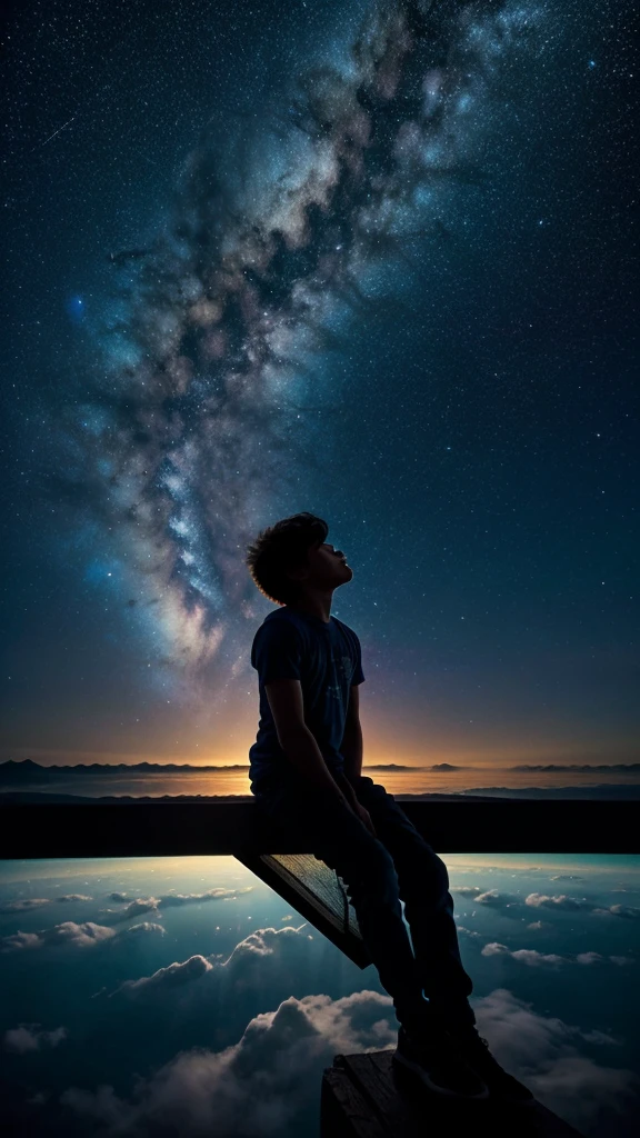 Perched upon a wispy cloud, a young boy gazes in awe at the breathtaking expanse above. The night sky comes alive with a sea of stars, twinkling like diamonds scattered across a velvet canvas. Cosmic phenomenons swirl and dance, painting streaks of vibrant colors across the vastness of space. With his hair gently tousled by the celestial breeze, the boy's silhouette stands as a witness to the beauty of the universe. Serene and filled with wonder, he becomes a part of this cosmic symphony, he presence illuminating the infinite possibilities that lie beyond the clouds in a cosmic colourful sky
