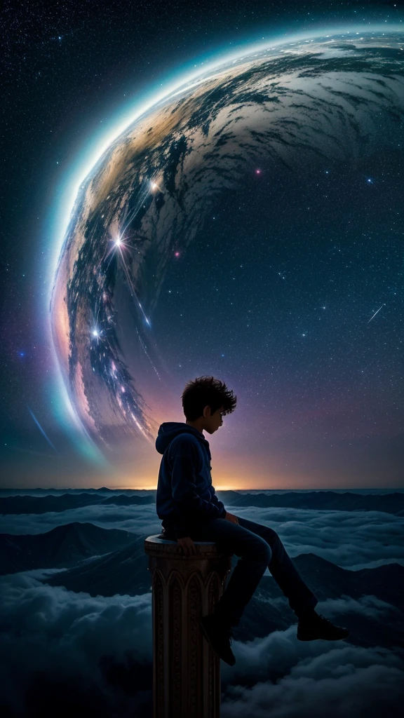 Perched upon a wispy cloud, a young boy gazes in awe at the breathtaking expanse above. The night sky comes alive with a sea of stars, twinkling like diamonds scattered across a velvet canvas. Cosmic phenomenons swirl and dance, painting streaks of vibrant colors across the vastness of space. With his hair gently tousled by the celestial breeze, the boy's silhouette stands as a witness to the beauty of the universe. Serene and filled with wonder, he becomes a part of this cosmic symphony, he presence illuminating the infinite possibilities that lie beyond the clouds in a cosmic colourful sky