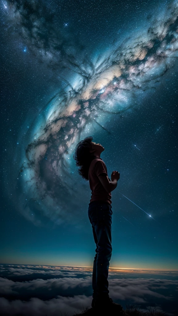 Perched upon a wispy cloud, a young boy gazes in awe at the breathtaking expanse above. The night sky comes alive with a sea of stars, twinkling like diamonds scattered across a velvet canvas. Cosmic phenomenons swirl and dance, painting streaks of vibrant colors across the vastness of space. With his hair gently tousled by the celestial breeze, the boy's silhouette stands as a witness to the beauty of the universe. Serene and filled with wonder, he becomes a part of this cosmic symphony, he presence illuminating the infinite possibilities that lie beyond the clouds in a cosmic colourful sky