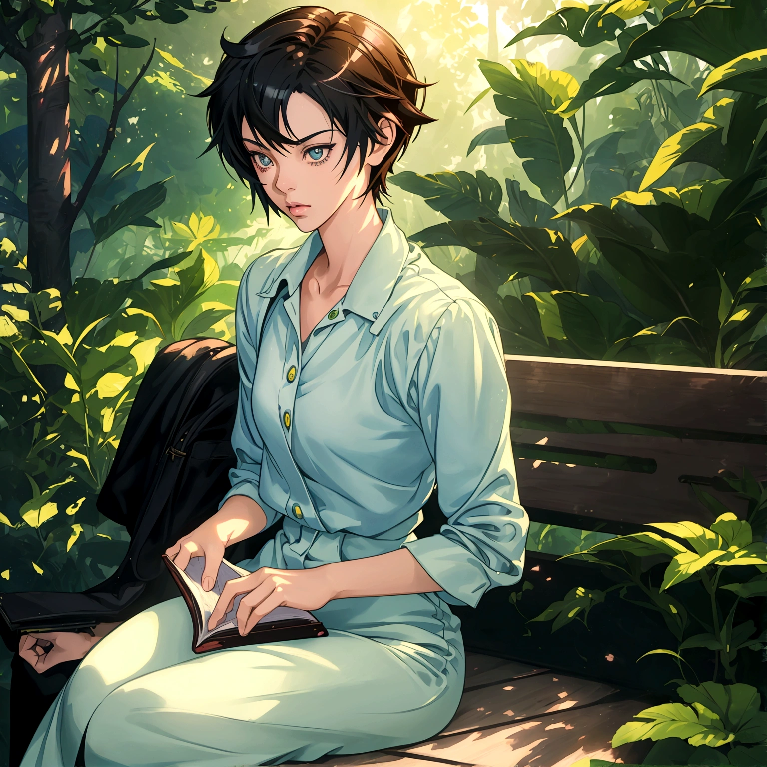A beautiful anime girl sitting on a bench in a lush forest, reading a book, (beautiful detailed eyes, beautiful detailed lips, extremely detailed eyes and face, long eyelashes), (masterpiece, best quality, 8k, ultra-detailed, hyperrealistic, photo-realistic, intricate details, vivid colors, studio lighting), (soft lighting, natural lighting, warm lighting), (anime, digital art, 3d render, concept art), (new wave anime, slice of life, cinematic), (Shinkai Makoto, Cyril Rolando, Shinkai Makoto art style), (Shinkai Makoto, by Shinkai Makoto, Shinkai Makoto style)