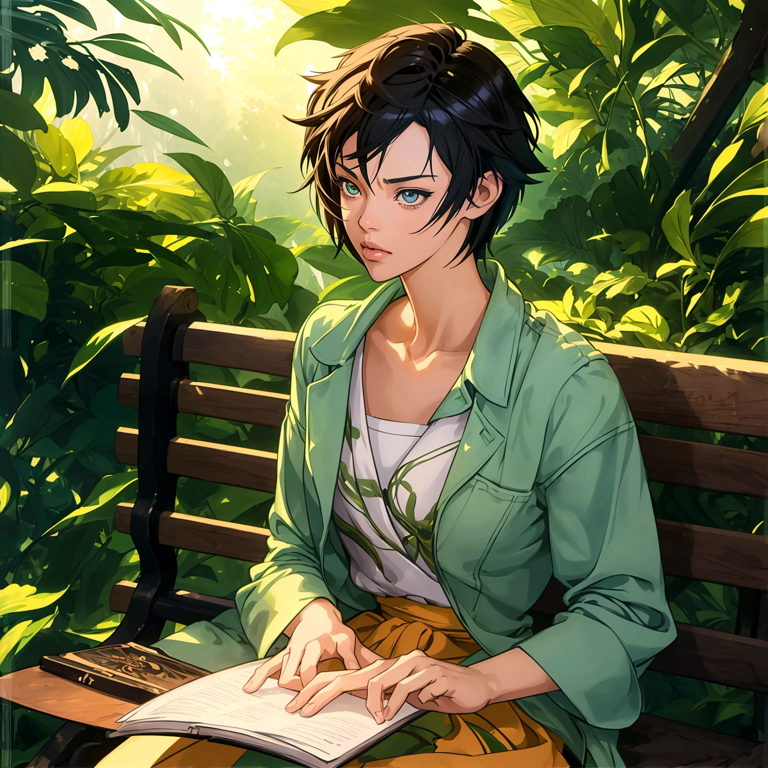 A beautiful anime girl sitting on a bench in a lush forest, reading a book, (beautiful detailed eyes, beautiful detailed lips, extremely detailed eyes and face, long eyelashes), (masterpiece, best quality, 8k, ultra-detailed, hyperrealistic, photo-realistic, intricate details, vivid colors, studio lighting), (soft lighting, natural lighting, warm lighting), (anime, digital art, 3d render, concept art), (new wave anime, slice of life, cinematic), (Shinkai Makoto, Cyril Rolando, Shinkai Makoto art style), (Shinkai Makoto, by Shinkai Makoto, Shinkai Makoto style)