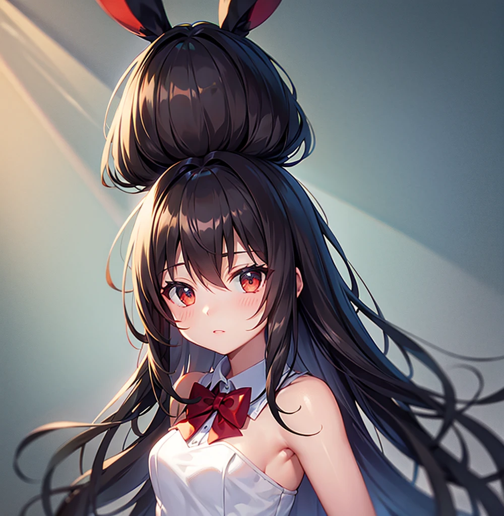 (Bunny girl),Red bow tie,Cute little ,Tiny ,Small girl,,Childish face, Very fine clean face,Top quality,Black Hair,(Dark Room), Subtle light, Natural light,Soft lighting,Light from directly behind, (Are standing),With bust up,Front view,Black background