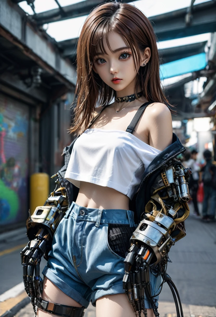 cyber punkの女の子、デジタルcyber punkアート、(デジタルcyber punkアート)、Ultra high definition、masterpiece、correct、Anatomically correct、Textured skin、Very detailed、High detail、high quality、最high quality、High resolution、8K、Surrealism、Raw photo、whole body、Beautiful Teenage Woman、One Japanese woman、Big beautiful eyes、Medium chest、Brown hair semi-long hair、Off the shoulder、(((cyber punk)))、(((robot)))、(((metallic)))、Blue cropped denim jacket、White tube knit top、White wide cargo pants with pockets