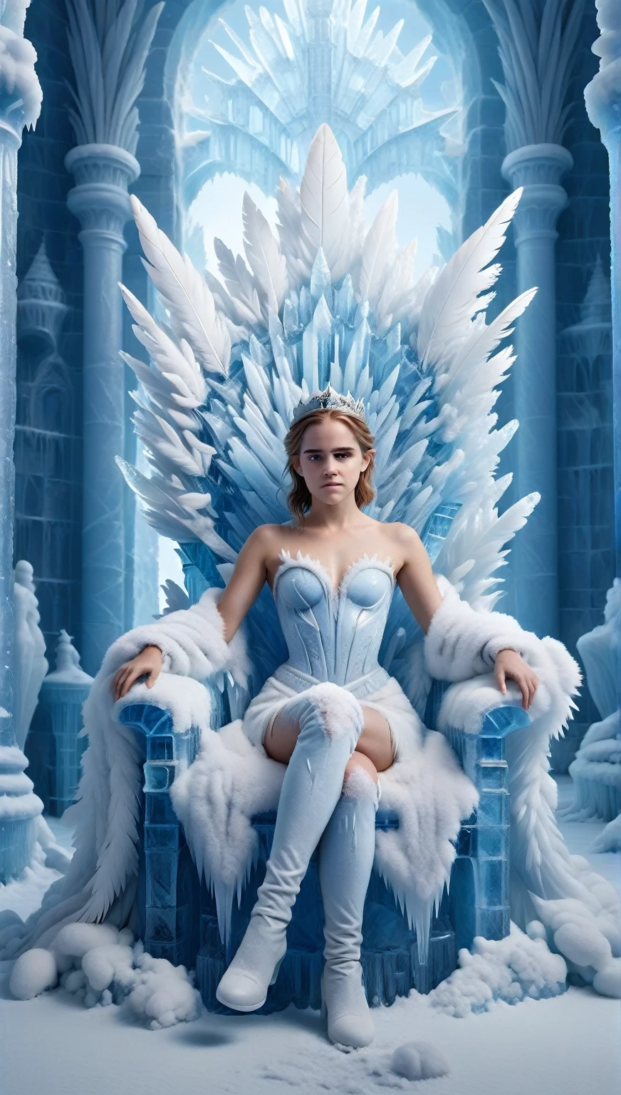 arafed woman sitting on the throne with white feathers, Emma Watson as the Ice Queen, On the ice throne, сидя On the ice throne, Ice queen, the Ice queen, queen of ice and storm, On a throne of crystals, sitting on the throne, Sitting on a plastic throne, on her throne, sitting on her throne, Sitting on a porcelain throne