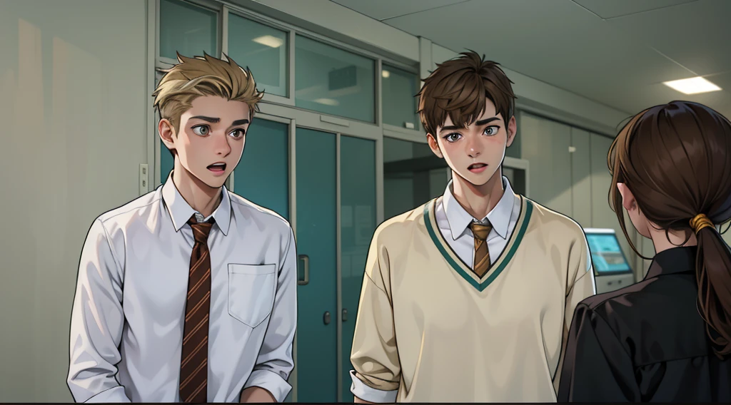 There are two 18-year-olds with brown hair and honey-colored eyes. They are scared and surprised.. They talk to a woman, her back is turned, she has blonde hair.