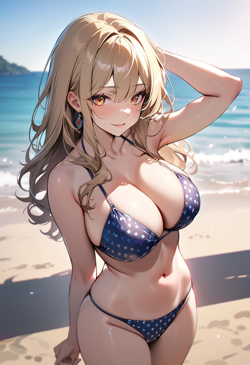 1 lady, 20 years old, blonde hair, long hair, wavy hair, light brown eyes, huge breasts,
BREAK (masterpiece), (high resolution 8K), cinematic lighting, professional lighting, detailed eyes and face, detailed body, 
BREAK　A beautiful  woman stands at the end of a wooden jetty, her gaze pensive as she looks out over the calm, azure sea. She’s wearing a sleek, navy blue bikini that contrasts elegantly with the light wood and the clear blue water. Her hands are lightly clasped in front of her, and her posture is relaxed yet composed. The camera captures her from a medium distance, allowing the length of the jetty and the vast ocean to frame her thoughtfully, emphasizing a moment of solitude and reflection