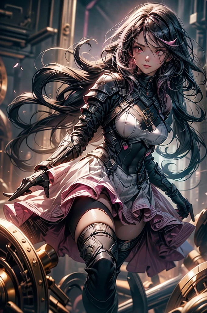 Dark-haired Scandinavian girl wearing half-plate armor and a frilly skirt over a skin-tight black bodysuit, (Pink long hair:1.4), Red eyes,Attractive breasts、High resolution (High Dynamic Range), Ray Tracing, NVIDIA, Super Resolution, Scattered under the surface, Anisotropic Filtering, Written boundary depth ,Maximum clarity and sharpness, Surface Shading, Two-tone lighting