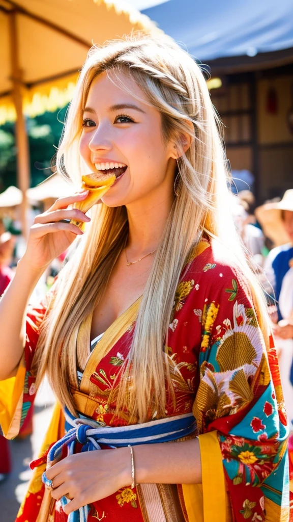 Emily, enjoying a traditional Japanese festival snack, her expression one of appreciation and joy. Her long, blonde hair and sun-kissed skin glow in the warm light of the festival. She is dressed in a light, breezy summer outfit suitable for the season.