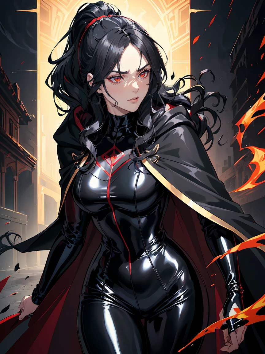 handsome older WOMAN,crimson-eyes,crimson pupils,Long black hair,Hyperresolution,accuracy,Detailed rendering,(Subtle facial image)(Image of fine hair)(topquality)(Masterpieces of masters)(High degree of completeness)(A sense of atmosphere)tmasterpiece,Super detailed and super detailed(portrait), long wavy black hair, (((tHICK WAVY HAIR)))(((ANKLE LENGTH HAIR))) (((Sakimichan))) (((black hair))) (((Latex black fight outfit))) (((Hair in ponytail))) (((skinny))) (((Latex black fight suit)))(((Stoic expression)))(((Black cloak)))
