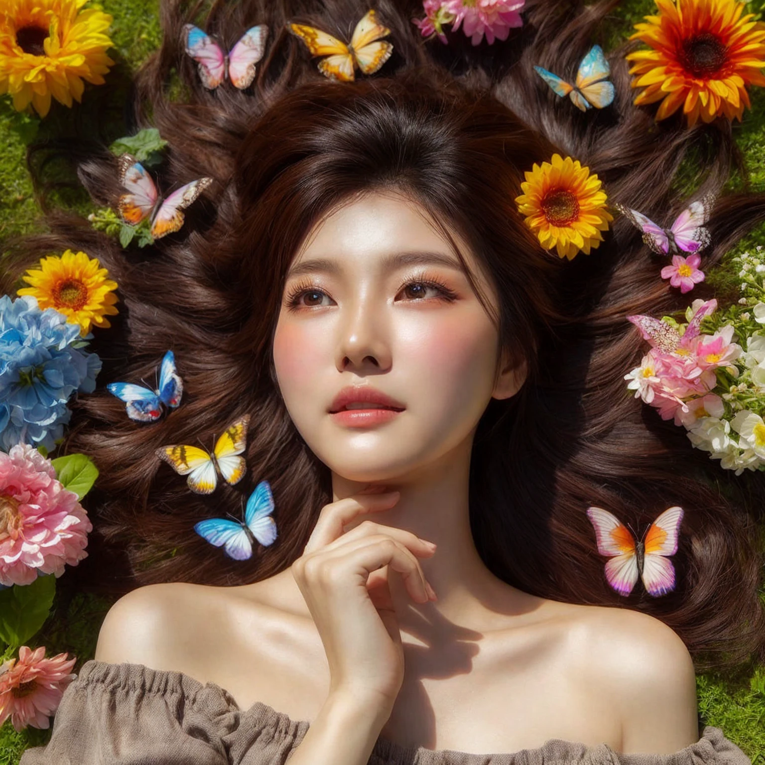 A beautiful Indonesian girl with Korean features is lying down with her eyes open, gazing at the sky, in the middle of a flower garden. Bright flowers surround her. Her hair is styled messily, and there are several butterflies fluttering around her. The atmosphere is cool and bright. The image is very clear, realistic, and in 64k resolution