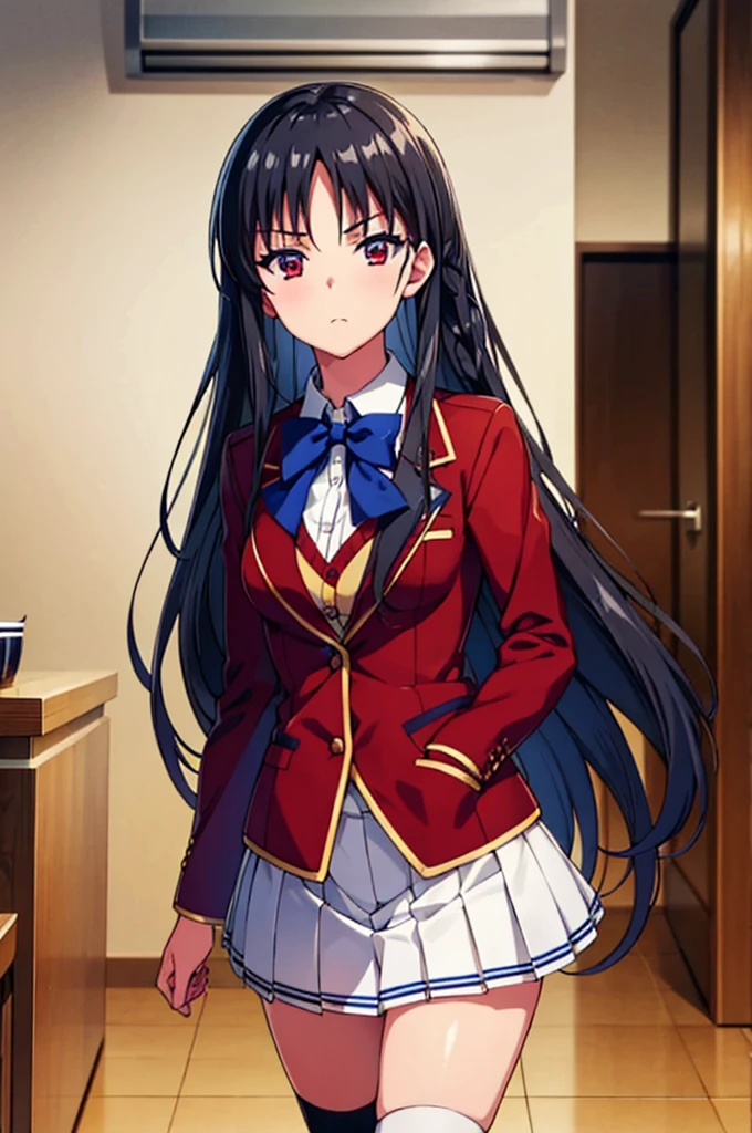 (masterpiece), Super detailed, High resolution, Best illustrations, Ultra-fine illustrations, (Official Art:1.2), (Anime screenshots:1.2), Beautiful face and eyes in every detail, Anime key visual, Perfect Anatomy, 8K Portrait, 
One girl,
suzune horikita, 
suzune horikita \(youjitsu\),
Long Hair, Braiding, 
Black Hair, 
(Red eyes:1.2), Slanted Eyes, Small eyes, 
Blue ribbon, 
Medium chest, 
(school uniform, Red jacket, White Skirt, Pleated skirt, Black thigh-high socks),
BREAK Watch Viewers, 
Cowboy Shot, 
Perfect light, 
Indoor Background, School building, 