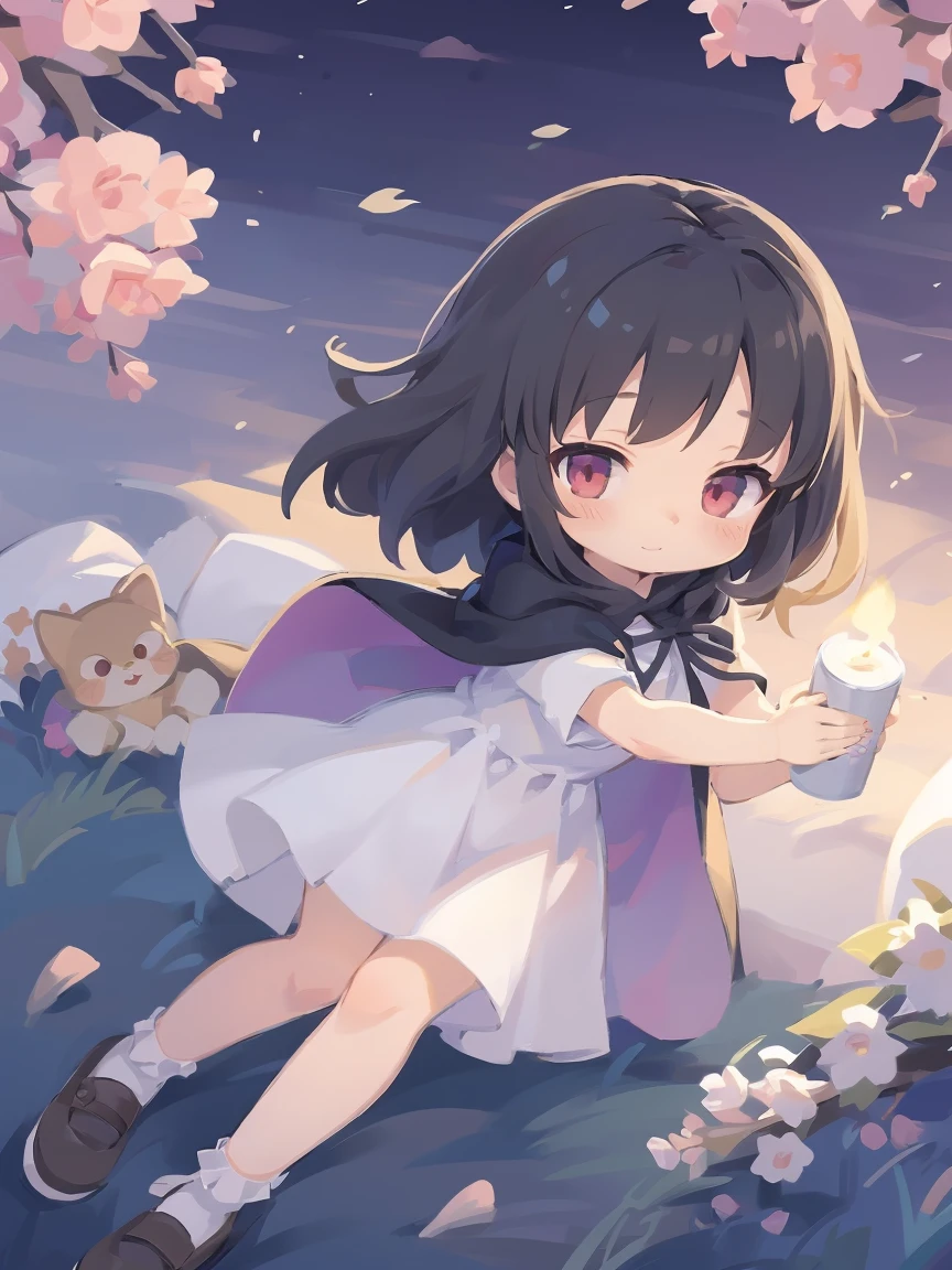 a cartoon image of a girl in a blue cape and white dress, anime moe artstyle, tsuaii, anime girl named lucy, mayuri shiina from steins gate, anime style like fate/stay night, black - haired mage, touhou character, , small girl, in dress, mihoyo art style