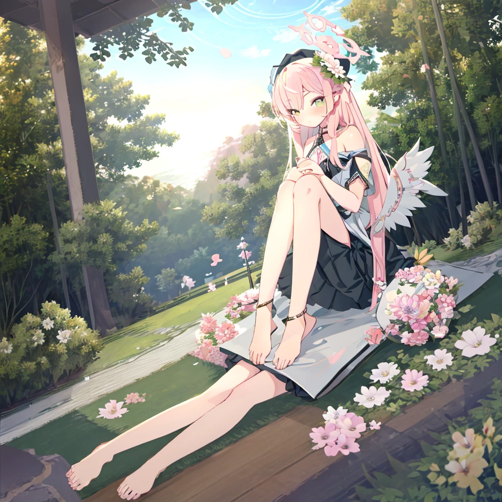 1girl,solo,long hair,outdoors,feet,barefoot,flower,sitting,hair flower,white flower,tree,hair ornament,hat,soles,toes,looking at viewer,black headwear,very long hair,skirt,bangs,day,closed mouth,bare shoulders,black skirt,blush,pink hair,shoes,green eyes,sky,white shirt,shirt,short sleeves,legs,bare legs,petals,frills,detached sleeves,grass,shoes removed,bench,frilled skirt,foot focus,