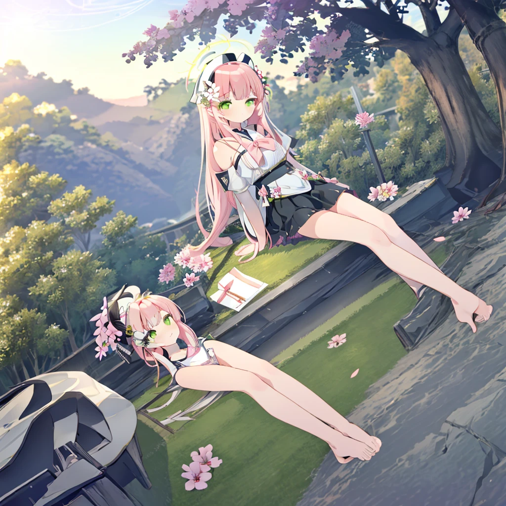 1girl,solo,long hair,outdoors,feet,barefoot,flower,sitting,hair flower,white flower,tree,hair ornament,hat,soles,toes,looking at viewer,black headwear,very long hair,skirt,bangs,day,closed mouth,bare shoulders,black skirt,blush,pink hair,shoes,green eyes,sky,white shirt,shirt,short sleeves,legs,bare legs,petals,frills,detached sleeves,grass,shoes removed,bench,frilled skirt,foot focus,