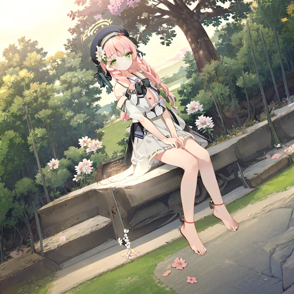 1girl,solo,long hair,outdoors,feet,barefoot,flower,sitting,hair flower,white flower,tree,hair ornament,hat,soles,toes,looking at viewer,black headwear,very long hair,skirt,bangs,day,closed mouth,bare shoulders,black skirt,blush,pink hair,shoes,green eyes,sky,white shirt,shirt,short sleeves,legs,bare legs,petals,frills,detached sleeves,grass,shoes removed,bench,frilled skirt,foot focus,