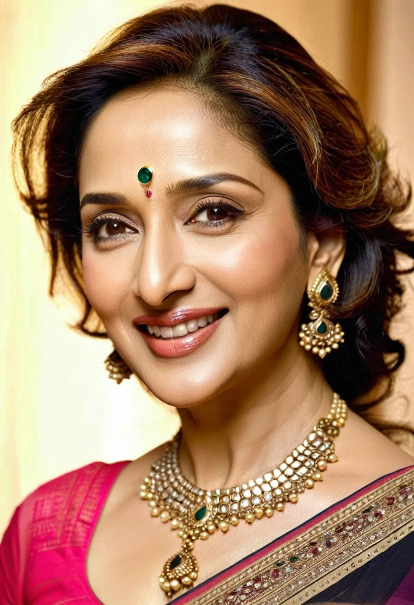 Madhuri Dixit Nene is known for her graceful and captivating appearance. She stands at 5 feet 4 inches tall (163 cm) with a slim physique. Her body measurements are reported as 36 inches (91 cm) for the bust, 27 inches (69 cm) for the waist, and 35 inches (89 cm) for the hips. She has a slim body type with a medium to fair complexion and a warm undertone.

Facially, Madhuri Dixit is distinguished by her classic Indian beauty. She has dark brown eyes that are large and expressive, complemented by well-defined eyebrows that are usually arched. Her nose is medium-sized with a gentle curve, and she is known for her full, smiling lips. Madhuri's hair, naturally dark brown to black, is often styled in soft waves or curls, framing her face elegantly.

Overall, Madhuri Dixit's facial features exude a blend of grace and charm, which have contributed to her status as one of Bollywood's most iconic and beloved actresses.Madhuri Dixit Nene has a heart-shaped face cut. Her facial structure is characterized by a wider forehead that narrows down to a gently pointed chin, which is typical of heart-shaped faces. This face shape enhances her facial features, contributing to her elegant and timeless appearance on screen.Madhuri Dixit is known for maintaining a slim and toned physique throughout her career. Reports indicate her waist measurement is approximately 27 inches (69 cm), which is considered slender and proportionate to her overall body type. Therefore, she is not described as having a chubby waist.Madhuri Dixit Nene was born on May 15, 1967, which makes her currently 57 years old as of 2024.

As for her bra size, it is reported to be 36B.Madhuri Dixit Nene's shoe size is generally reported to be US 8 (EU 38-39).

Madhuri Dixit is known for having long hair throughout much of her career. Her hair is typically dark brown to black and has been styled in various ways, including soft waves, curls, or straightened
 