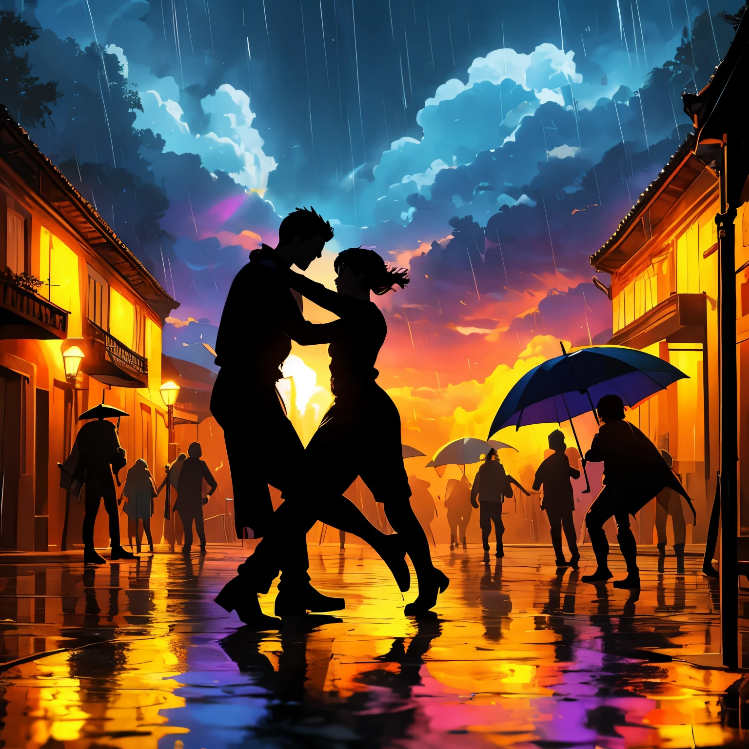 (best quality,8k,highres, masterpiece:1.2), ultra-detailed, HDR, UHD, studio lighting, ultra-fine painting, sharp focus, physically-based rendering, extreme detail description, professional, vivid colors, concept artists, warm color palette, dramatic lighting,(Pouring rain), men dancing with umbrellas, blue sky through the clouds, rainbows in the sky, (silhouette art)