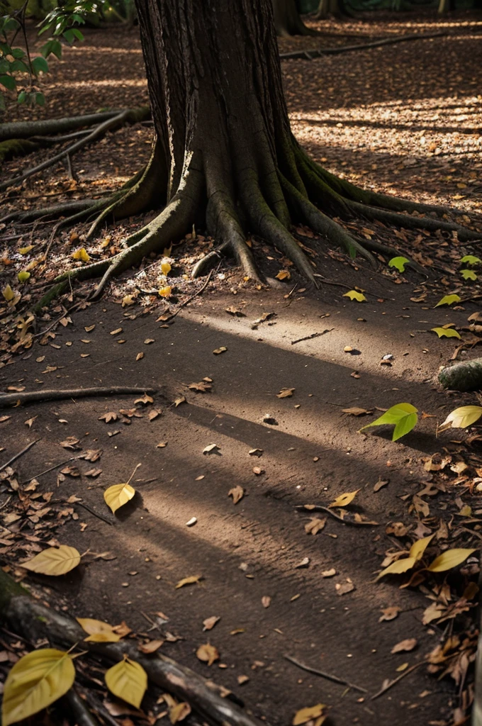 Close-up image of the flashlight beam illuminating the ground near the old tree, highlighting details like fallen leaves, roots, and possibly a small clue or object.