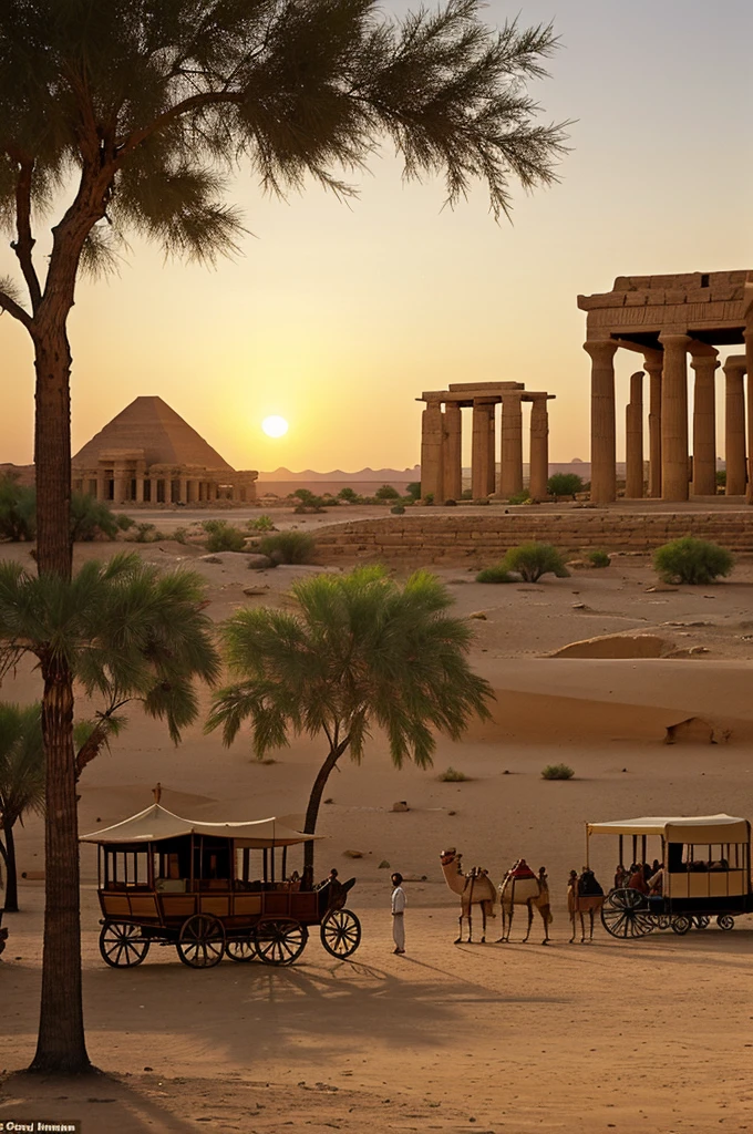 A picturesque picture of an oasis in the desert, during sunset, with a large Egyptian temple and a trading caravan with camels in the background, in 1870.
