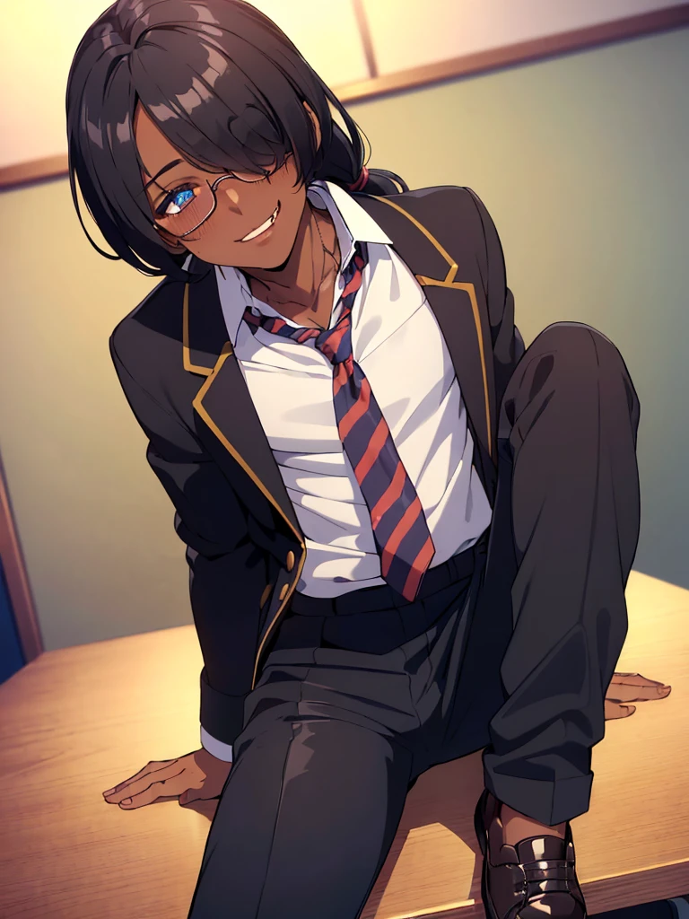 (1 feminine boy solo),(dark skin:1.5),(masterpiece:1.2), highest quality, High resolution, unity 8k wallpaper, (fine and beautiful eyes:1.6), highly detailed face, perfect lighting, Detailed CG, (perfect hands, perfect anatomy),20 years old, (black hair:1.3), detailed eyes, best quality, extremely detailed, very precise detailed, (glasses:1.4), , (straight hair:1.5), (evil smile:1.4) ,long sidelocks, (blush:1.3),(sit on desk:1.3),(Put left knee in front:1.5),(boy's school uniform long pant:1.5),(loosen necktie:1.2),spread legs,bend knee,(open shirt:1.3),(low ponytail),(hair over one eye:1.7)