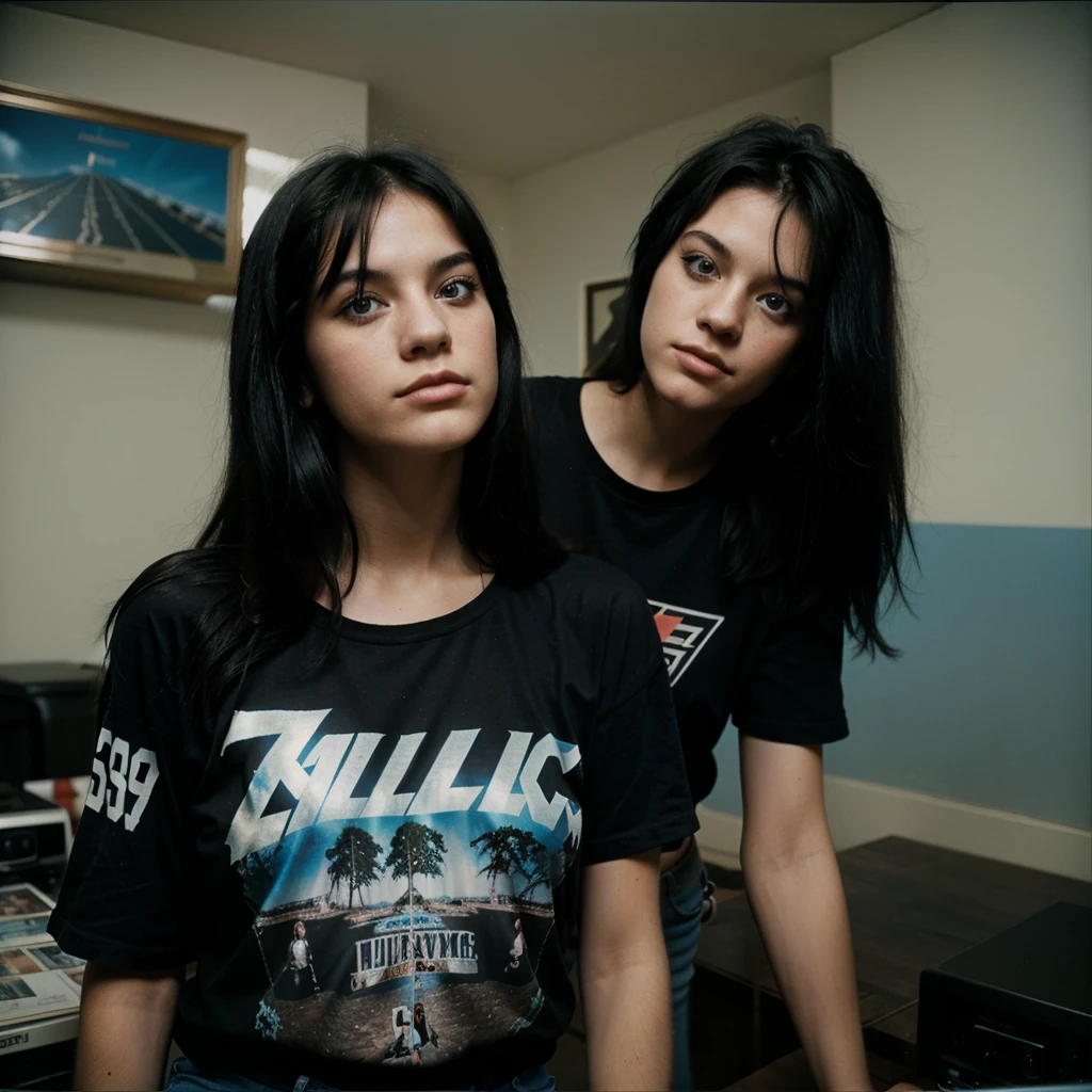 1980s Kodak photo of a young 25 year old rock girl with black 
hair , blue eyes wearing black metallica t-shirt, at home, photography by nan goldin, faded, film grain, cross processed image