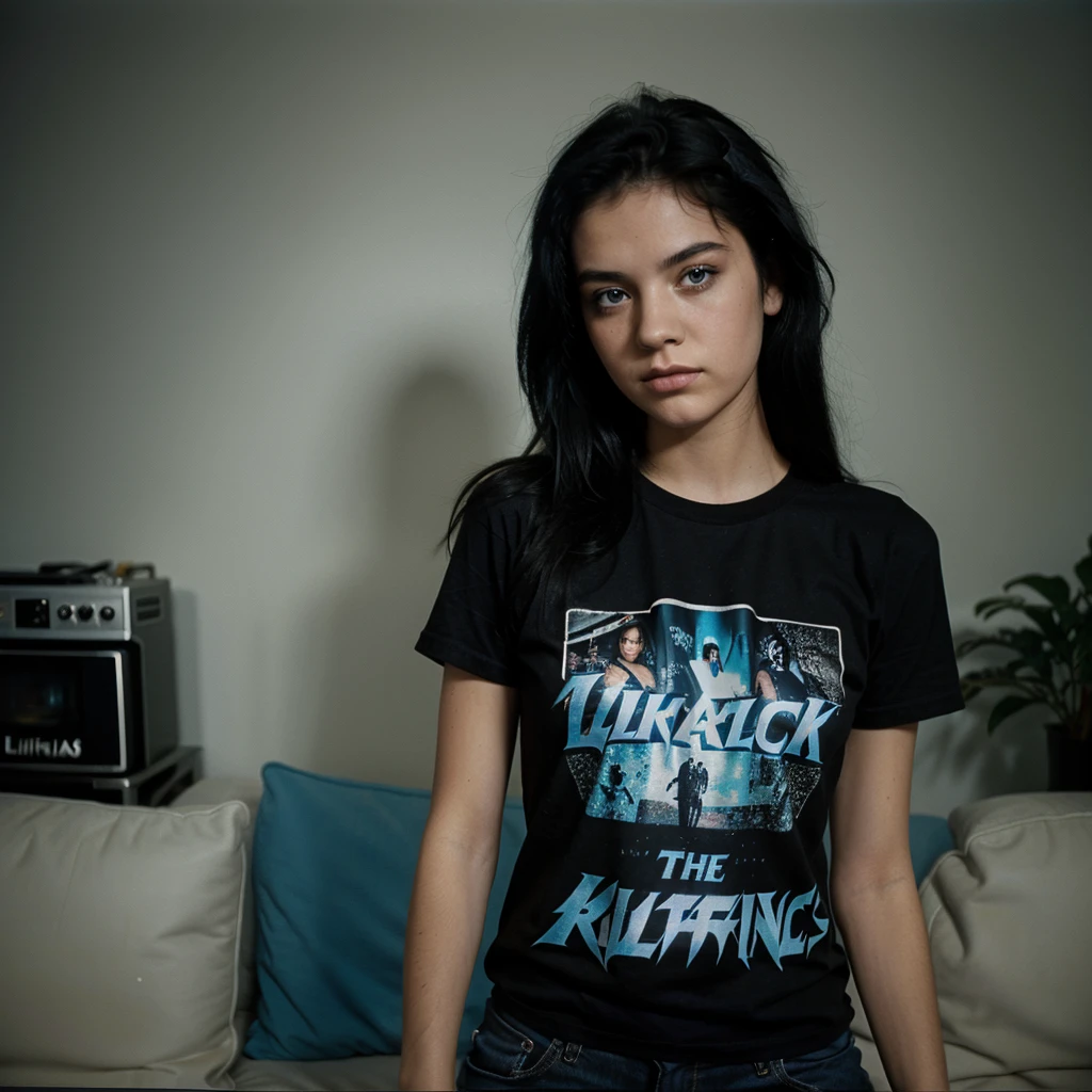 1980s Kodak photo of a young 25 year old rock girl with black
hair , blue eyes wearing black metallica t-shirt, at home, photography by nan goldin, faded, film grain, cross processed image