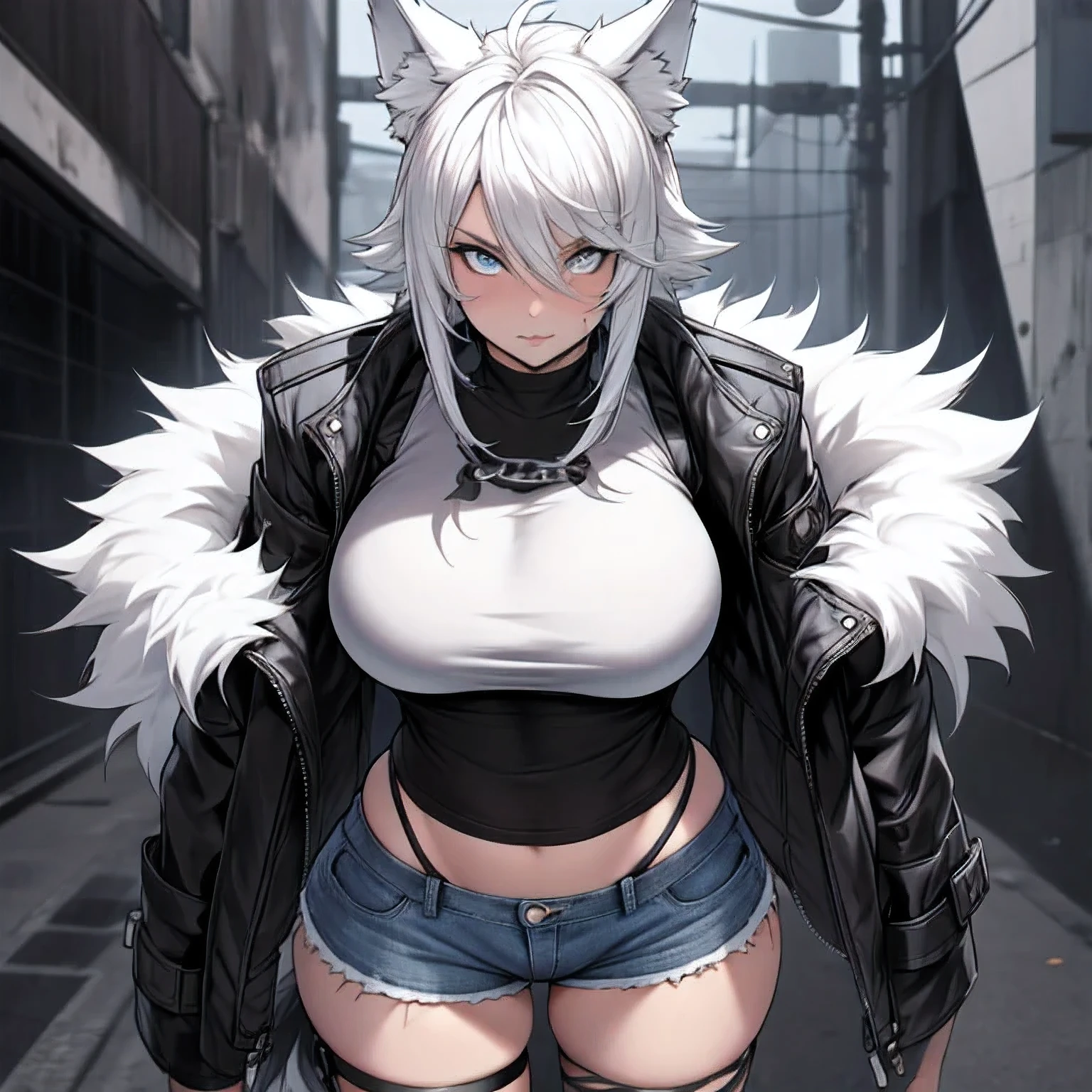 One мальчик, anime tomboy, Short, Long white hair, wolf ears, wolf tail, Blue eyes, wear short denim shorts, thigh-high fishnet stockings, black combat boots, wear an open jacket with a fur lining, flat chest, super flat chest, wear a cropped t-shirt, One tomboy, Only one woman ((big breasts)) One, One, (One)(One) thick thighs, wide hips, Blue eyes, Perfect eyes, perfect face, Plump lips, happy