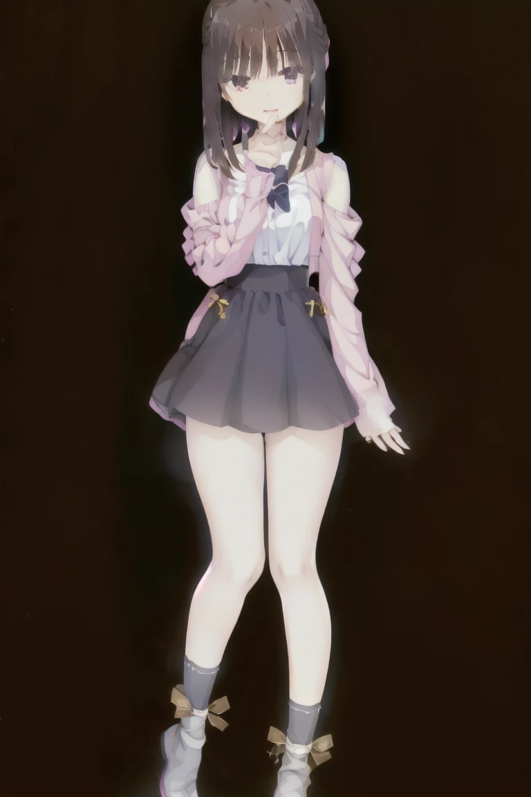 1girl,smiling,bangs,brown_hair,独奏,black_hair,closed_eyes,short_hair,lips,pink_blouse,black_skirt,Thigh-high socks,jirai_fashion,Character portrait, whole body, expensive_solve, clear_image, expensive_Contrast, 8K, Sparkling, beautiful_detailed_face_and_eye, (Brown Hair:1.25), 白 eye,Black background,full body, Character portrait, whole body, expensive_solve, clear_image, expensive_Contrast, 8K, Sparkling, beautiful_detailed_face_and_eye, (Black Hair:1.25), 白 eye,Black background