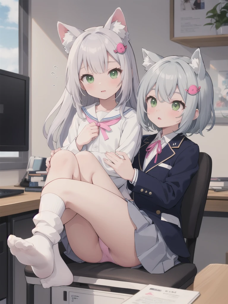 Highest quality,masterpiece,Green Eyes, Grey Hair, hair ornaments, Animal ears, Flat Chest,uniform,Navy Blue Blazer,White shirt,Pink ribbon,Grey Skirt,Pink Panties,White long socks,Black low heels,sitting on desk,1 Boy,1. Lift up a girl's skirt