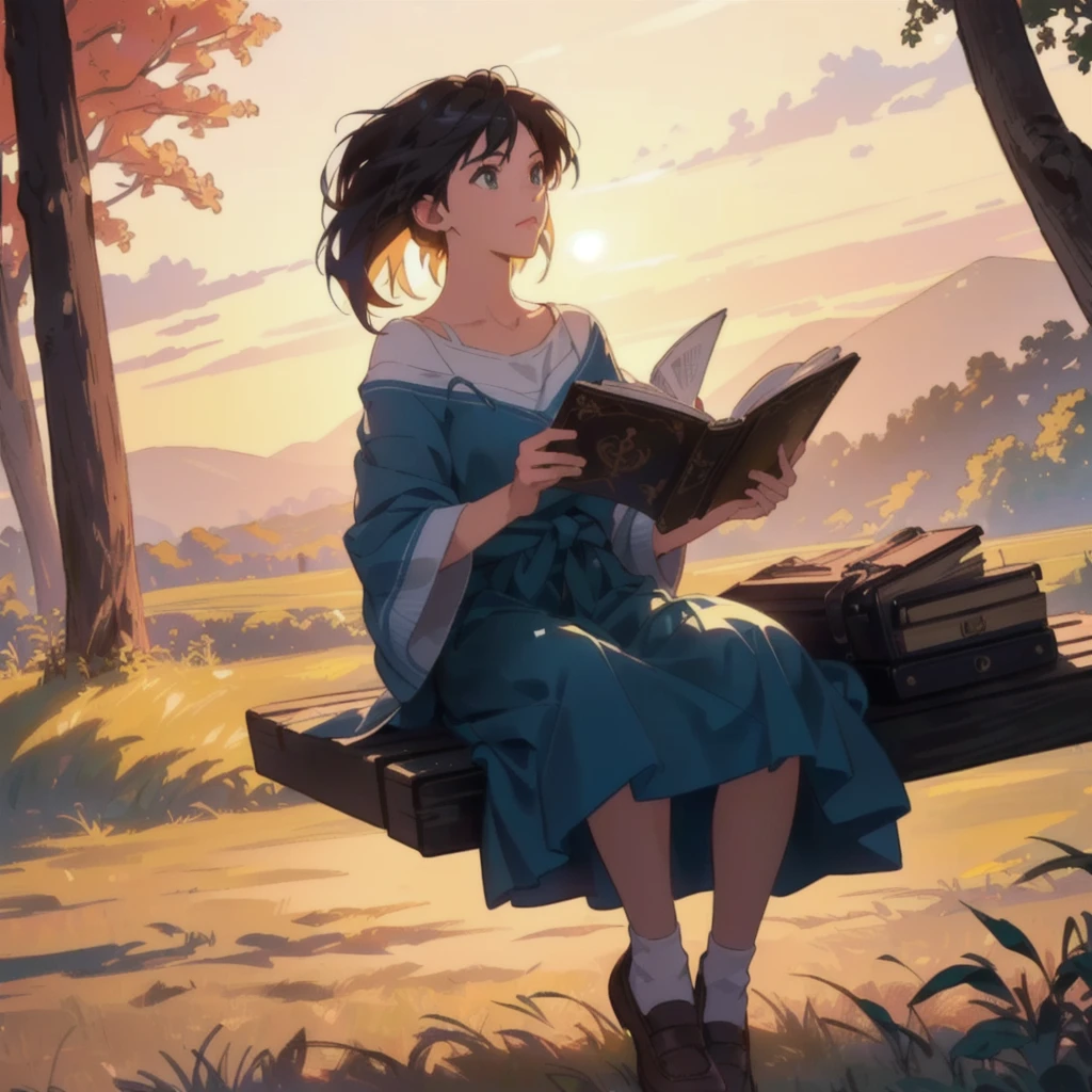 1girl sitting on a bench in a forest reading a book at dust, detailed face, beautiful detailed eyes, long eyelashes, beautiful detailed lips, detailed facial features, detailed hair, outdoor forest landscape, sunlight filtering through trees, (best quality,8k,highres,masterpiece:1.2),ultra-detailed,realistic,photorealistic,photo-realistic:1.37,cinematic lighting,cinematic composition,vibrant colors,soft lighting,detailed environment,detailed foliage,detailed wood texture,warm color palette,natural lighting,studio ghibli,anime art,artwork by Makoto Shinkai,style of Makoto Shinkai,by Makoto Shinkai,Makoto Shinkai art style,in the style of Makoto Shinkai