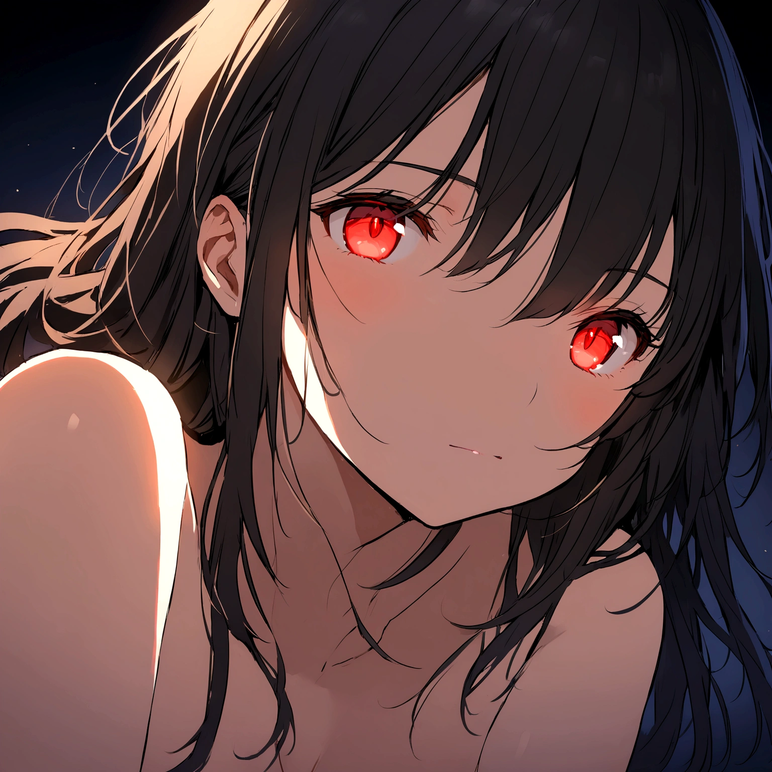 Anime girl in a dark room, black hair. red glowing eyes, Ideal girl, mild nudity, Beautiful girl, Focus on the face
