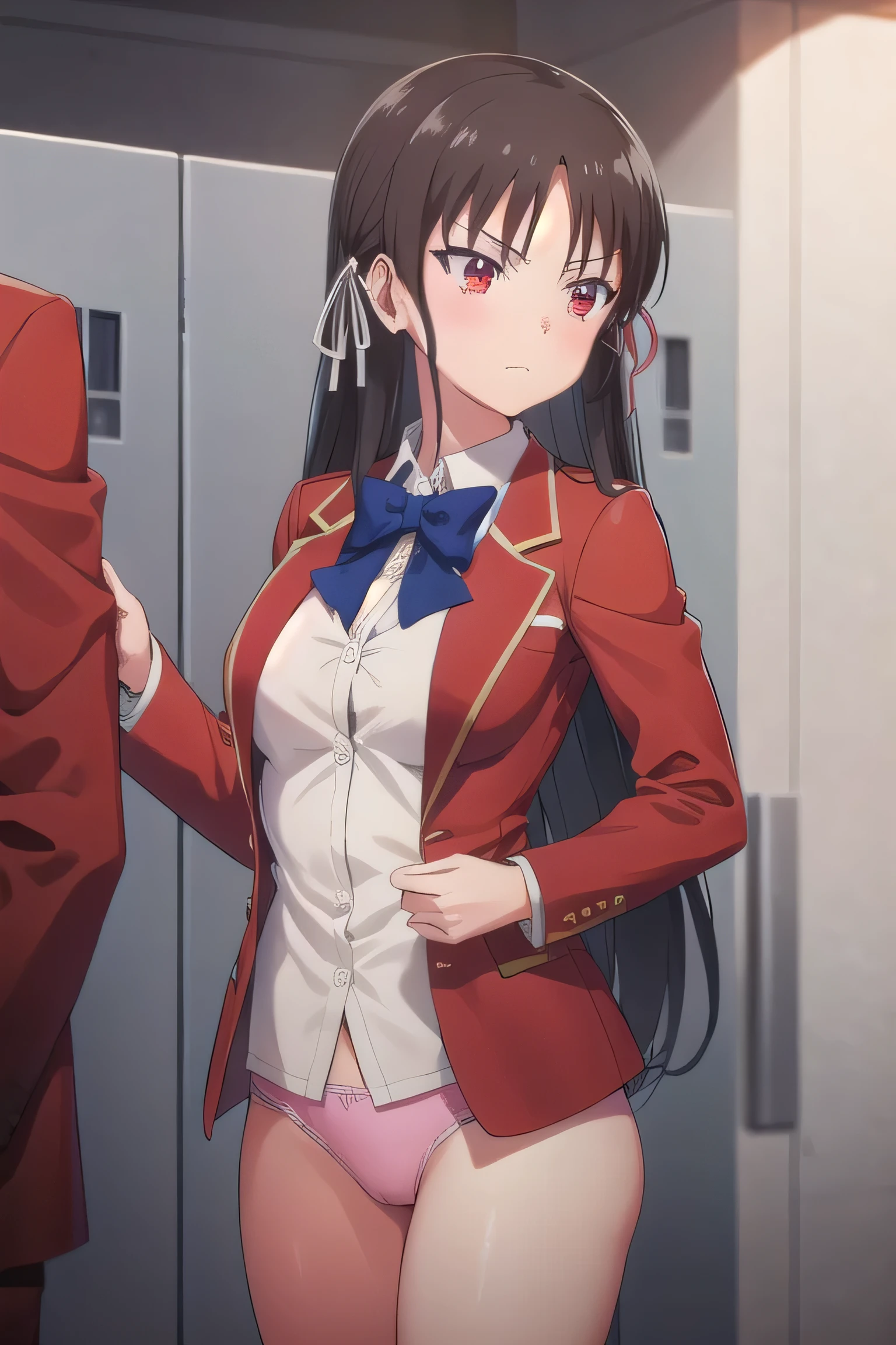 nsfw,suzune horikita, Red eyes:1.3,locker room,cowboy shot,Medium chest,Hair Ribbon,Red blazer,uniform,(changing clothes)