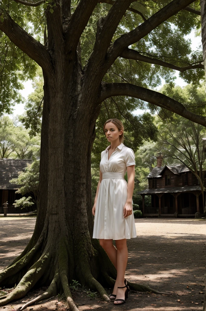 Image of Emma standing near the old tree, looking around nervously. The background should be dark and shadowy, adding to the tension and anticipation.