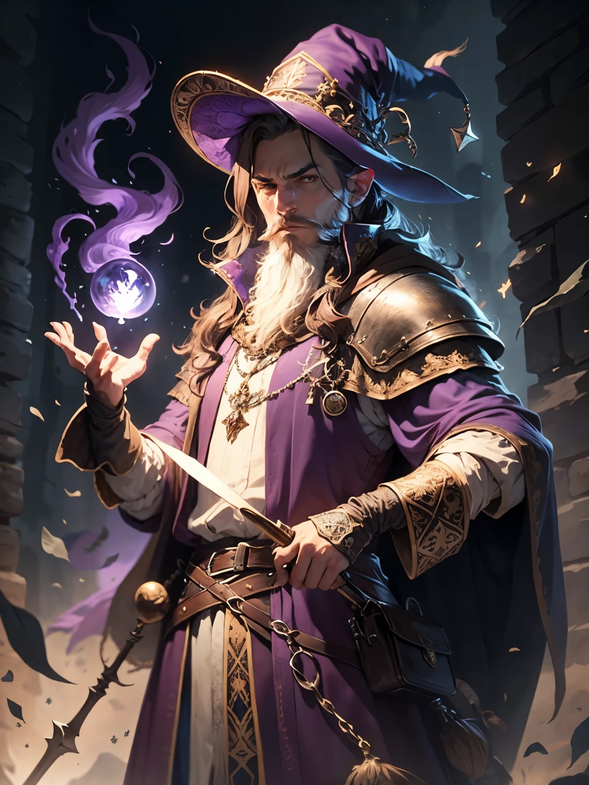 medieval wizard in action pose, with a Purple clothes 